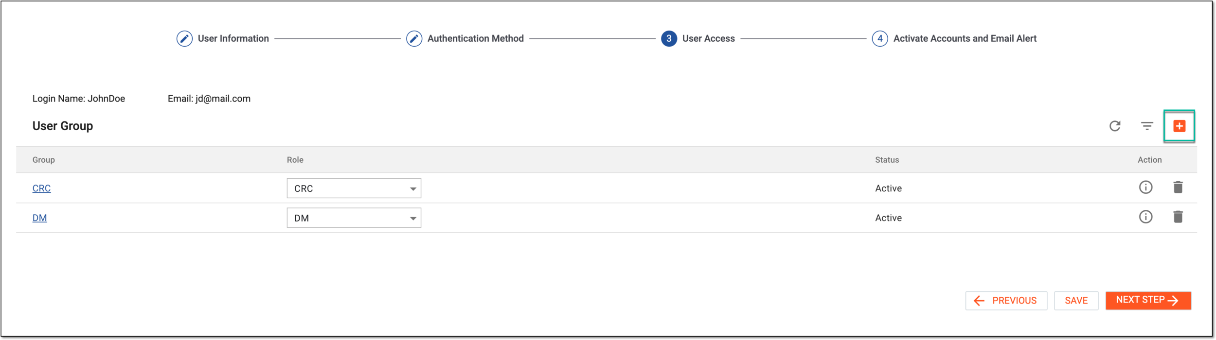 Selecting option to add user access