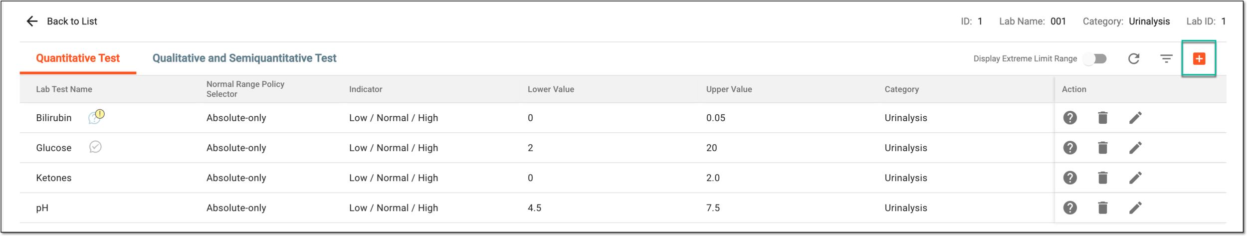 Selecting option to add quantitative test normal range value