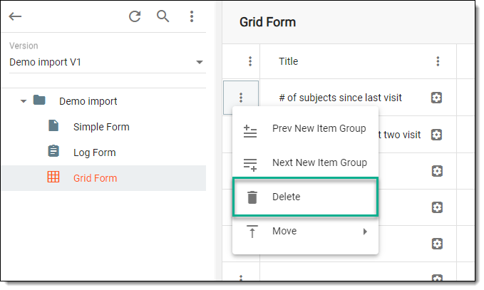 Selecting option to delete row