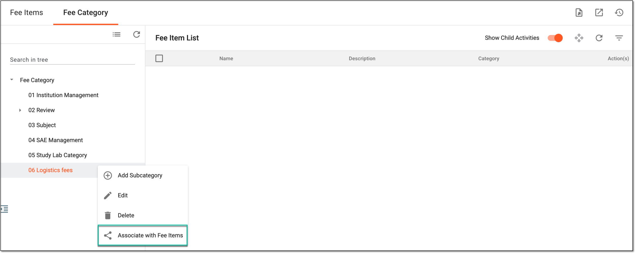 Selecting option to associate fee items