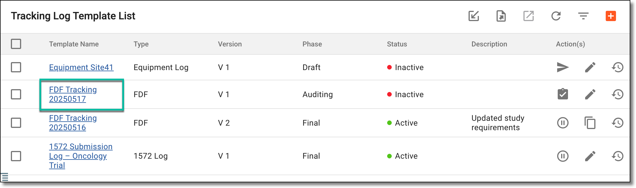 Accessing tracking log template to review