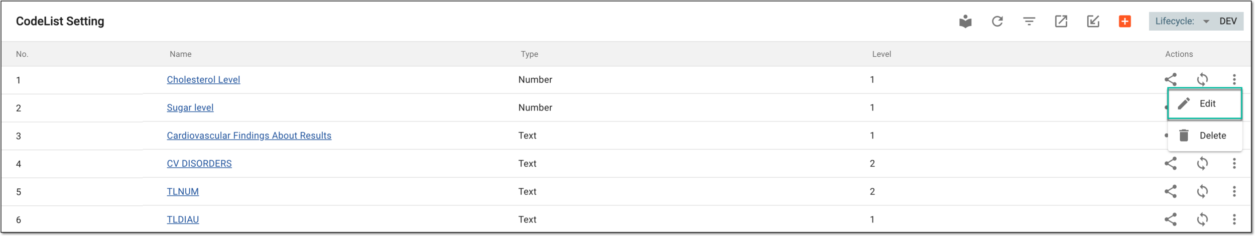 Selecting to edit codelist