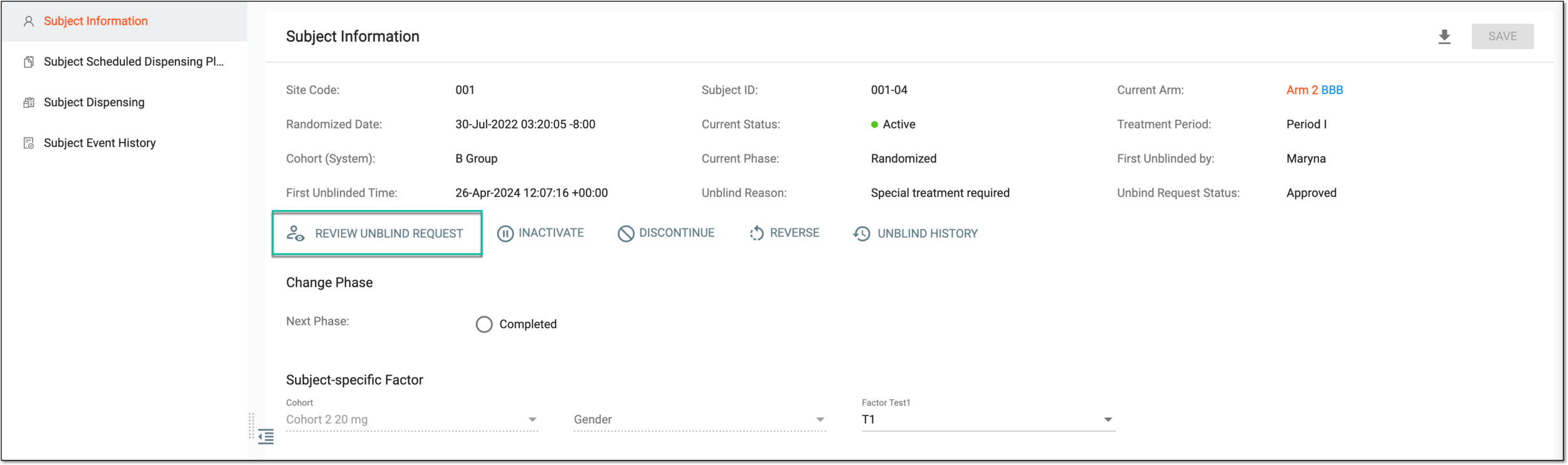 Selecting to review unblinding request