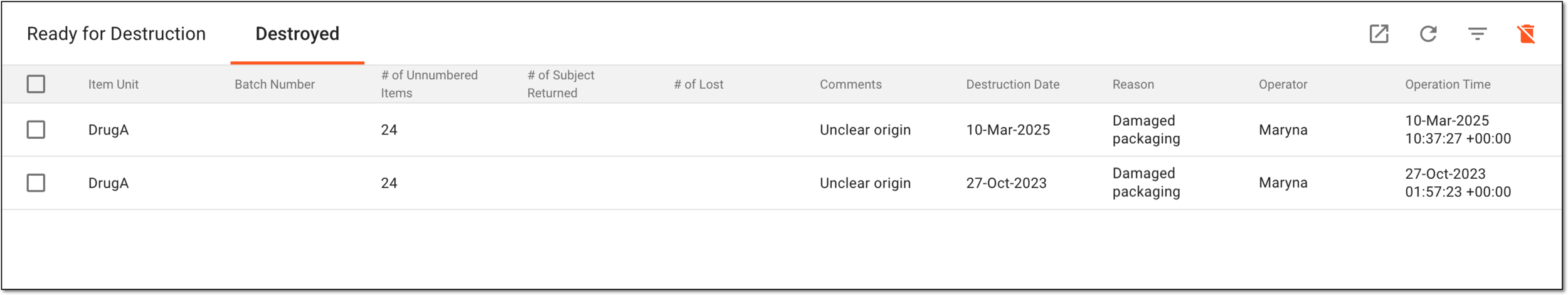 Viewing destroyed item list