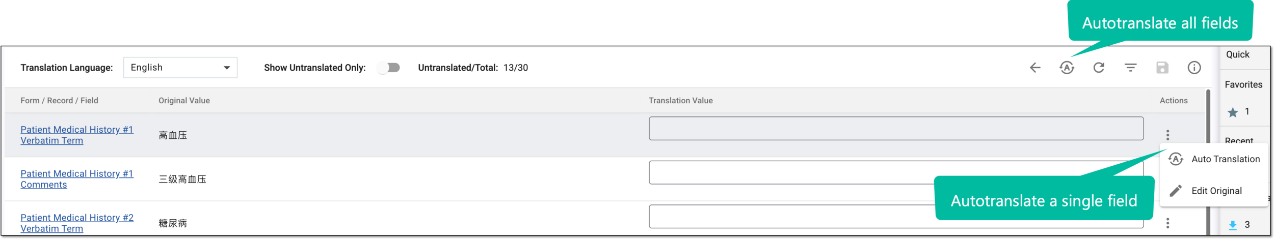 Selecting options to autotranslate single or all fields