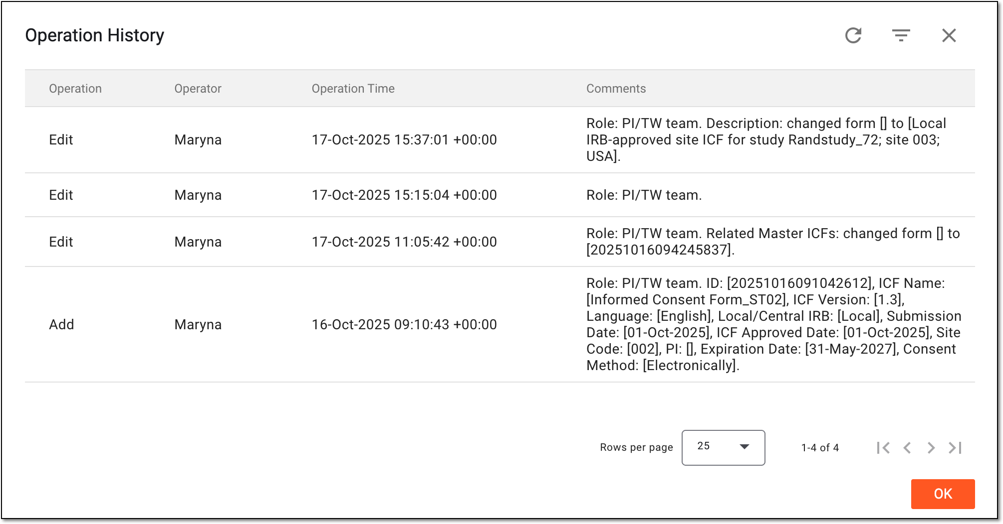 Analyzing operation history for site ICF listing record