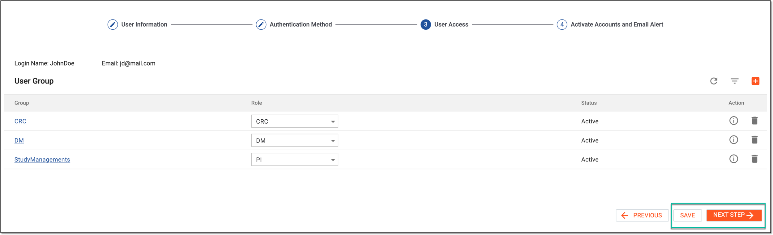 Saving user access settings and proceeding to next step