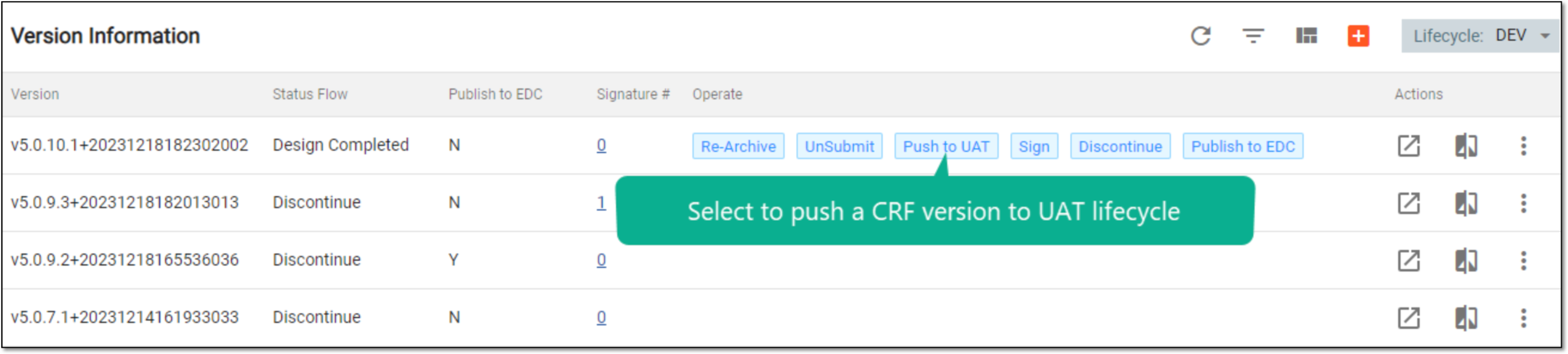 Selecting to push CRF version to UAT