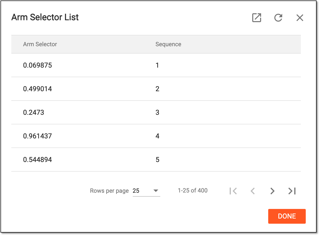 Viewing arm selector list
