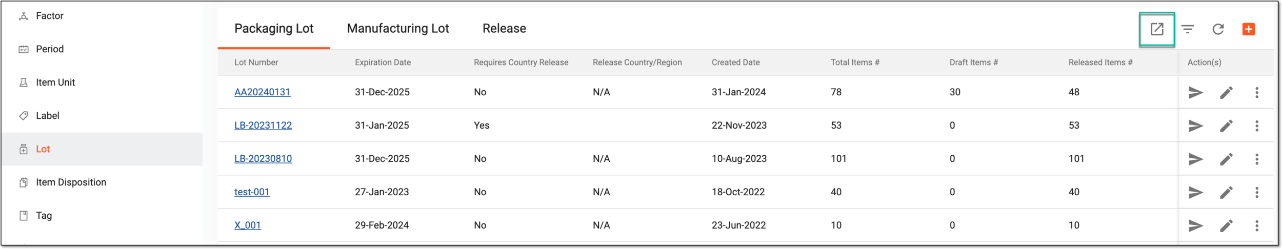 Exporting packaging lot list data