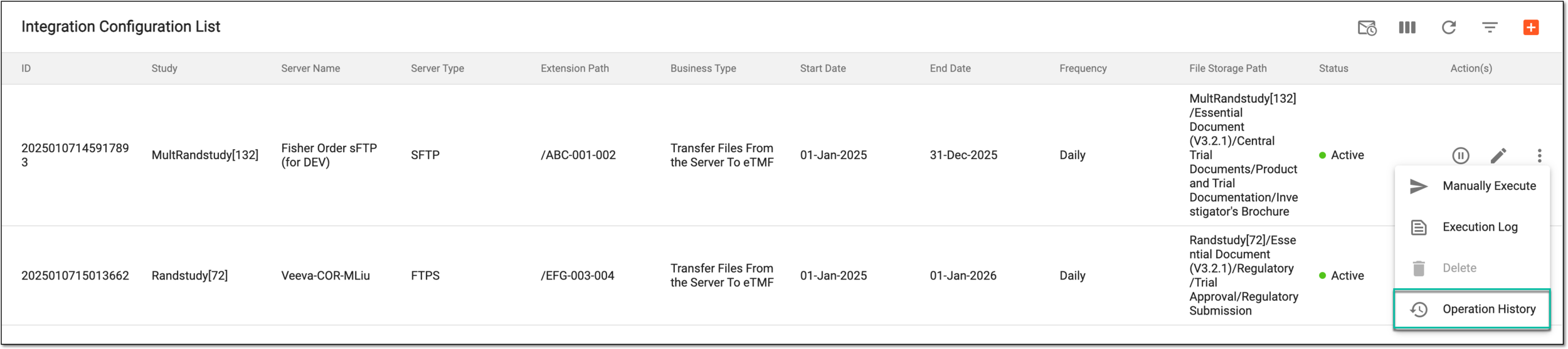 Accessing integration operation history