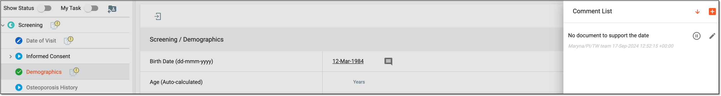 Accessing comment on CRF page