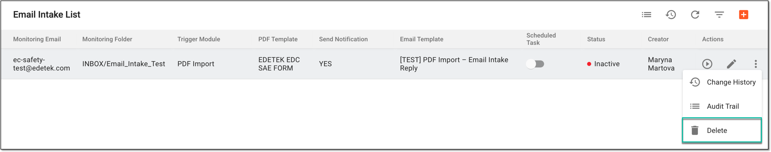 Selecting option to delete email intake configuration