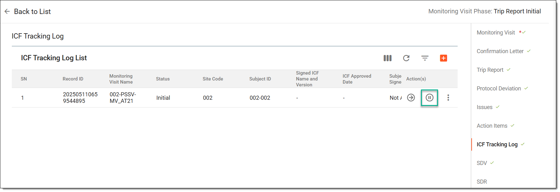Inactivating ICF tracking report