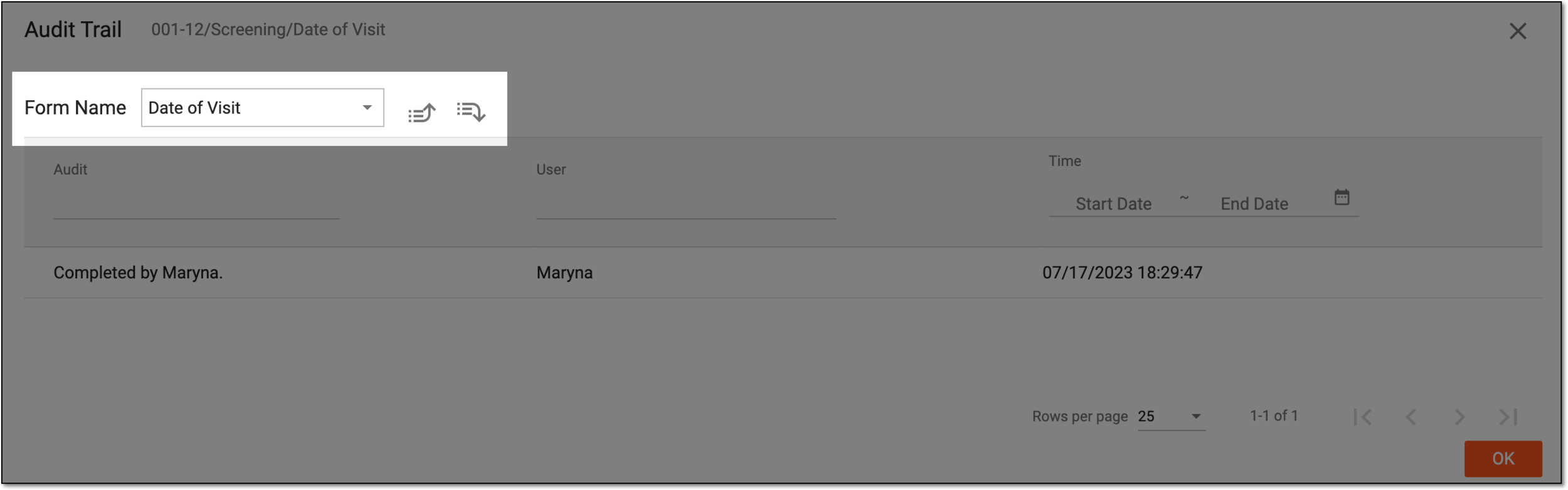 Selecting form to view audit trail