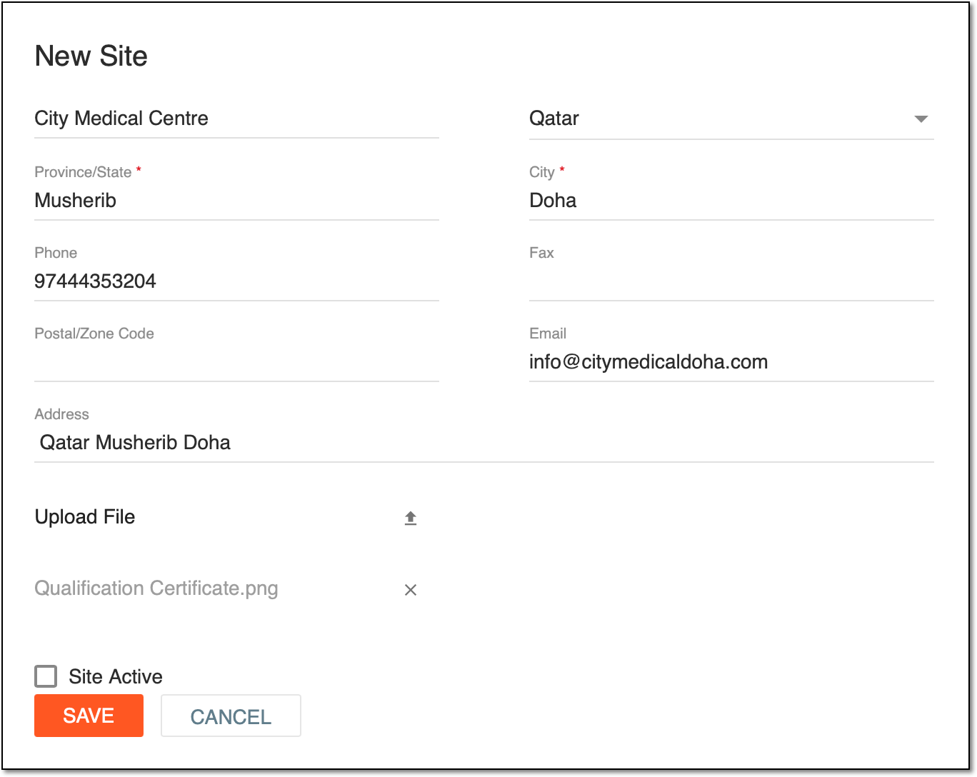 Example of filled in New Site form