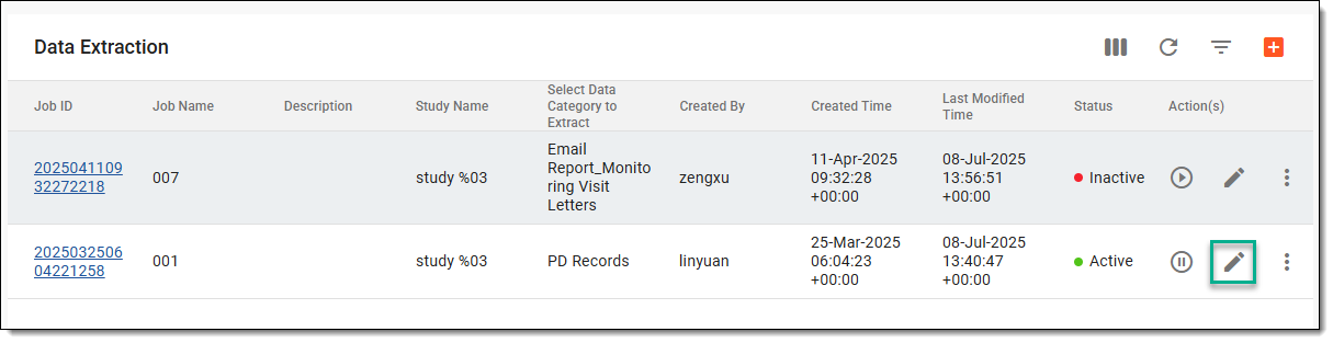 Accessing option to edit data extraction job