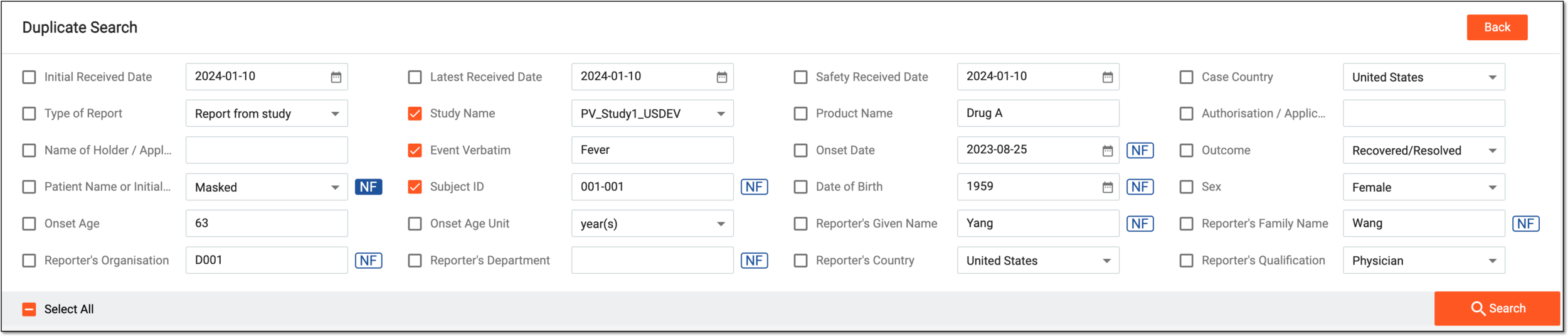 Searching for duplicate cases