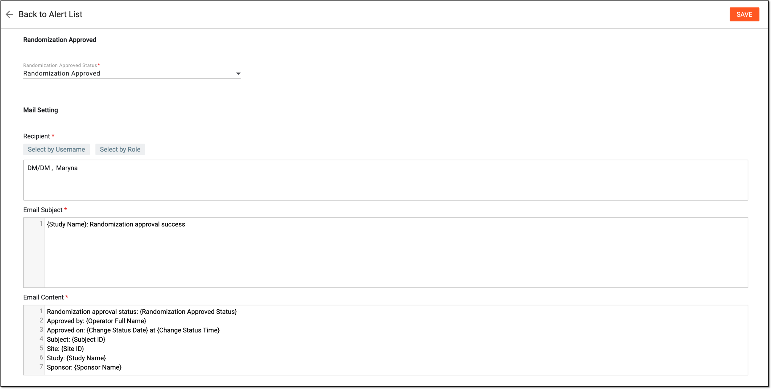 Configuring randomization approval alert