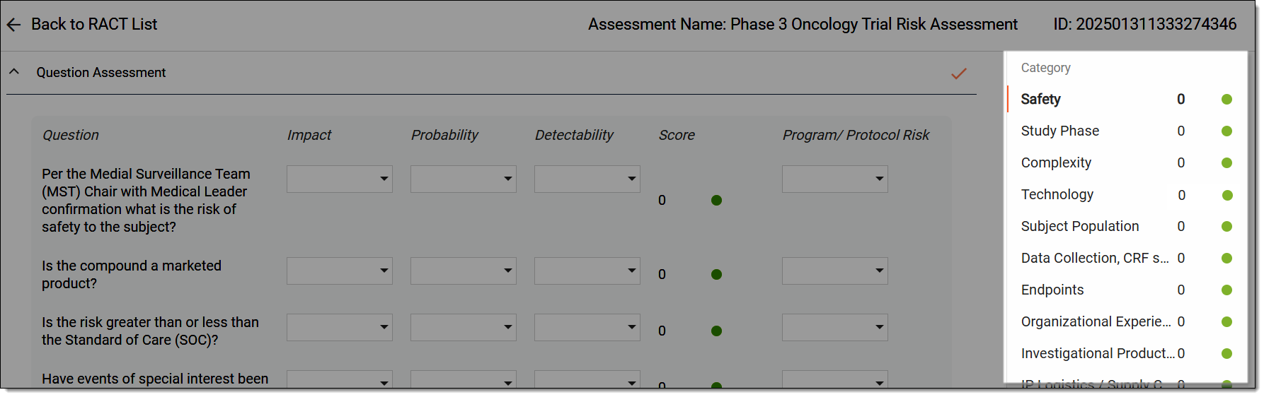 Selecting category to assess