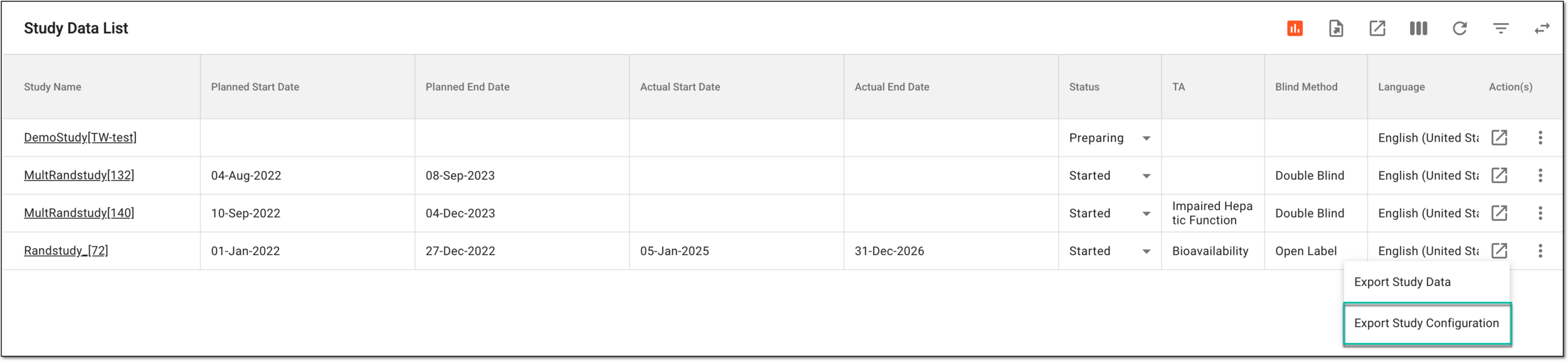 Exporting study configuration