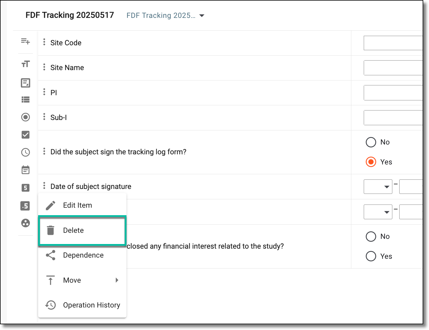 Selecting to delete question