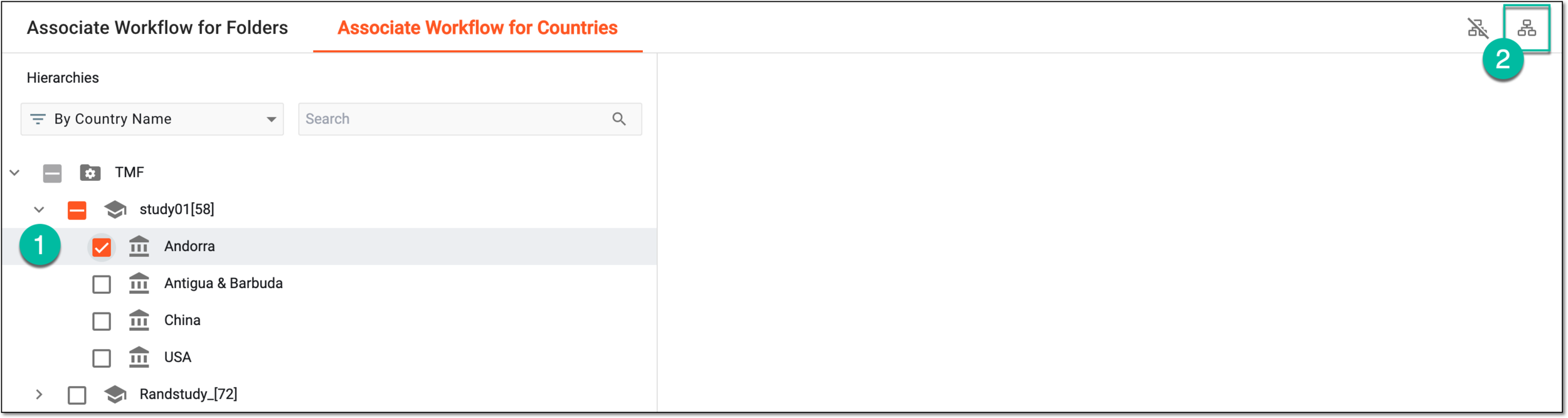 Selecting option to associate workflow with country