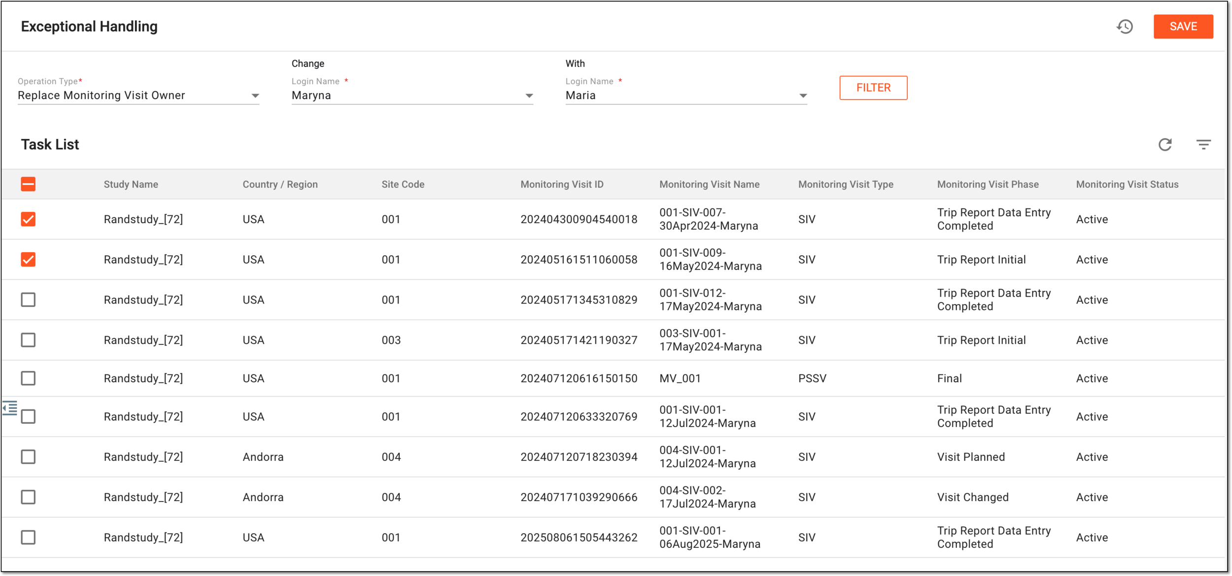 Selecting tasks to replace monitoring visit owner