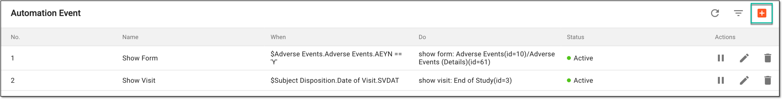 Selecting option to add automation event