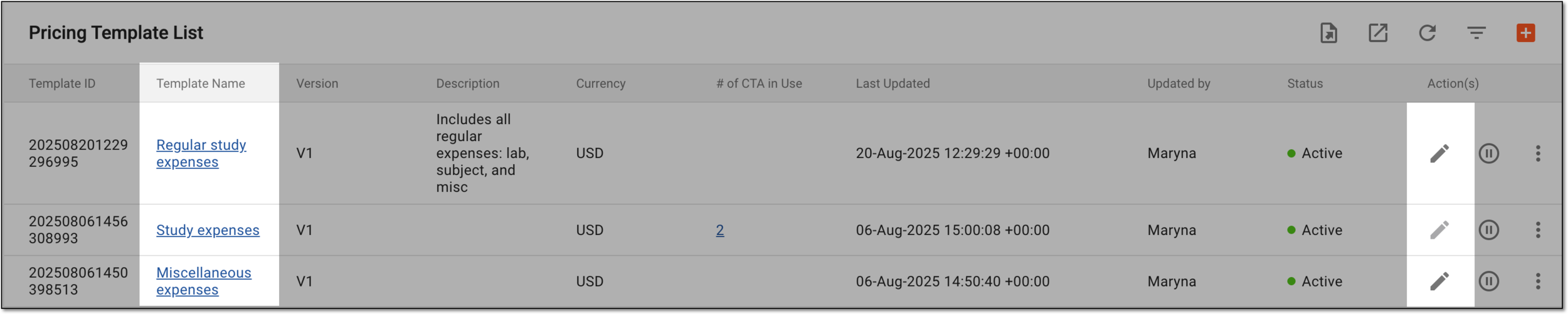 Accessing pricing template details