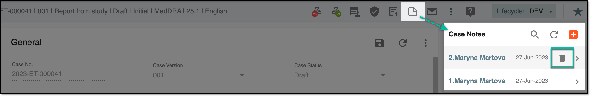 Selecting to delete case note