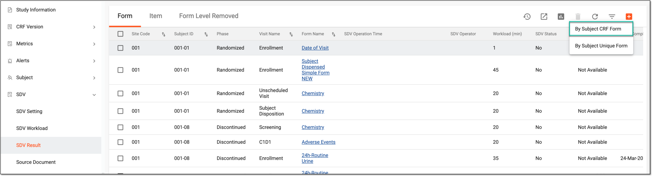 Adding SDV result by subject CRF