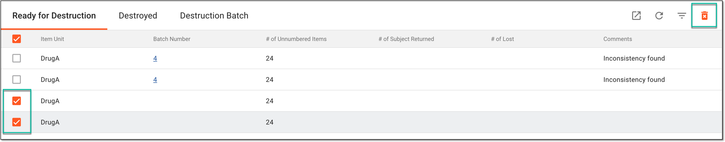 Selecting items to create destruction batch
