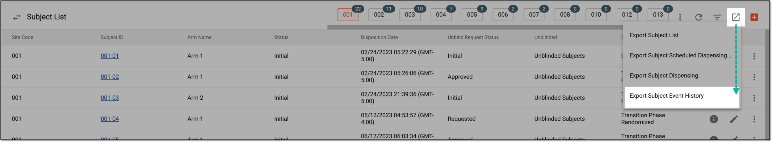 Exporting subject event history