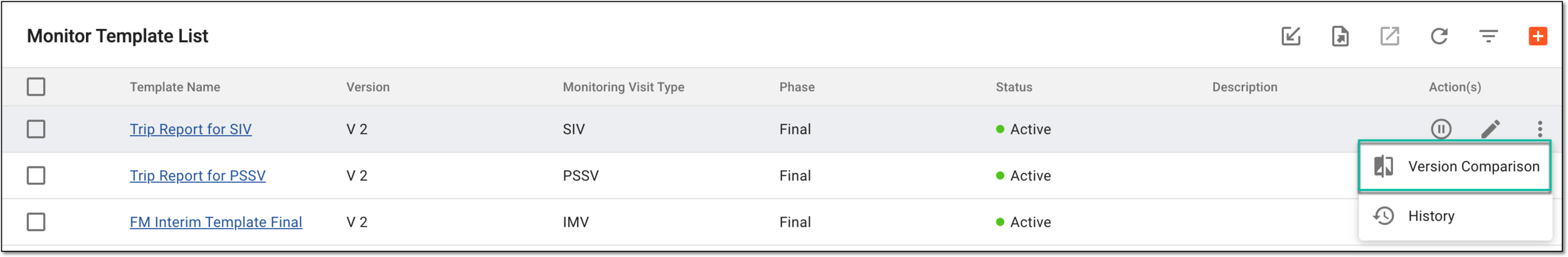Accessing version comparison for monitor template