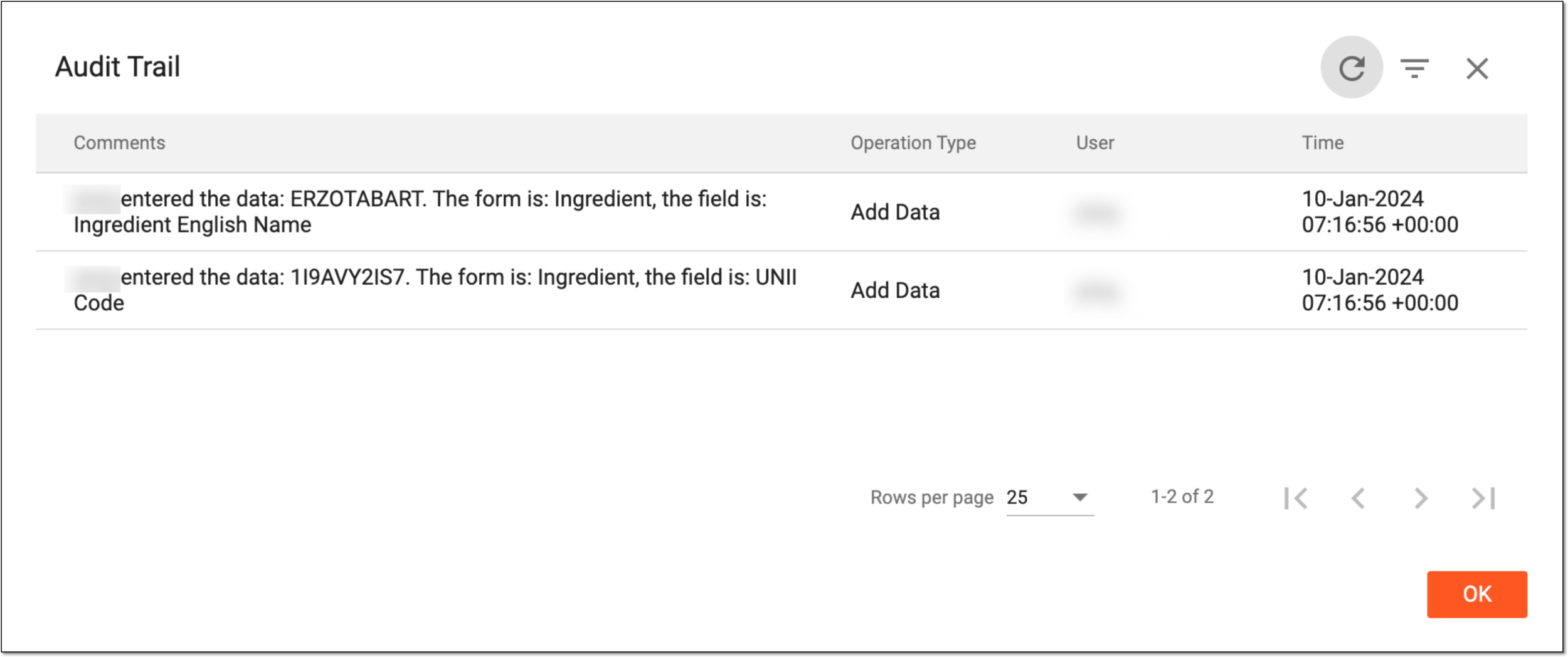 Viewing ingredient audit trail