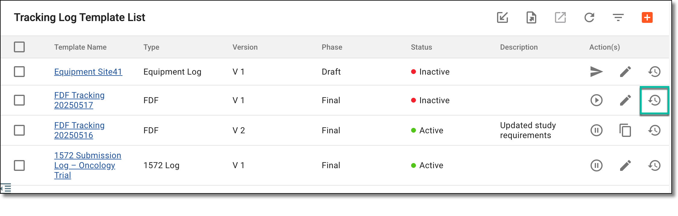 Accessing tracking log template operation history