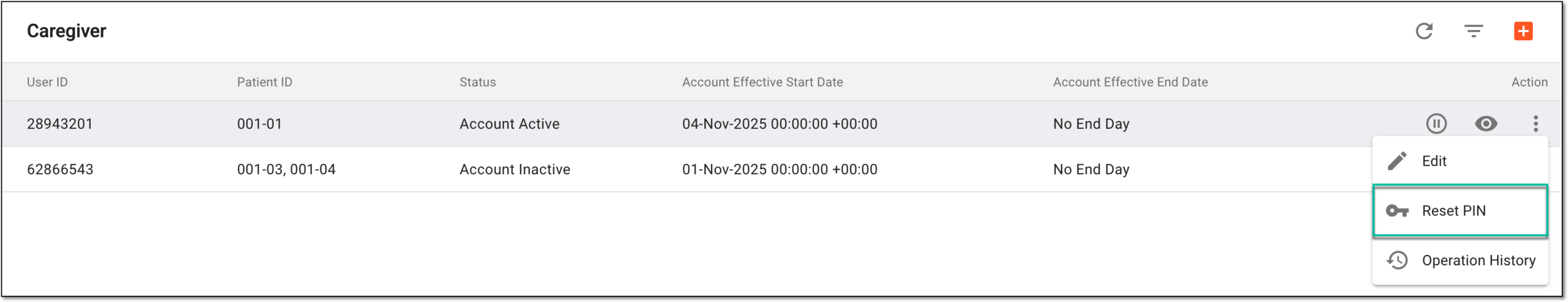Selecting option to reset account PIN for caregiver