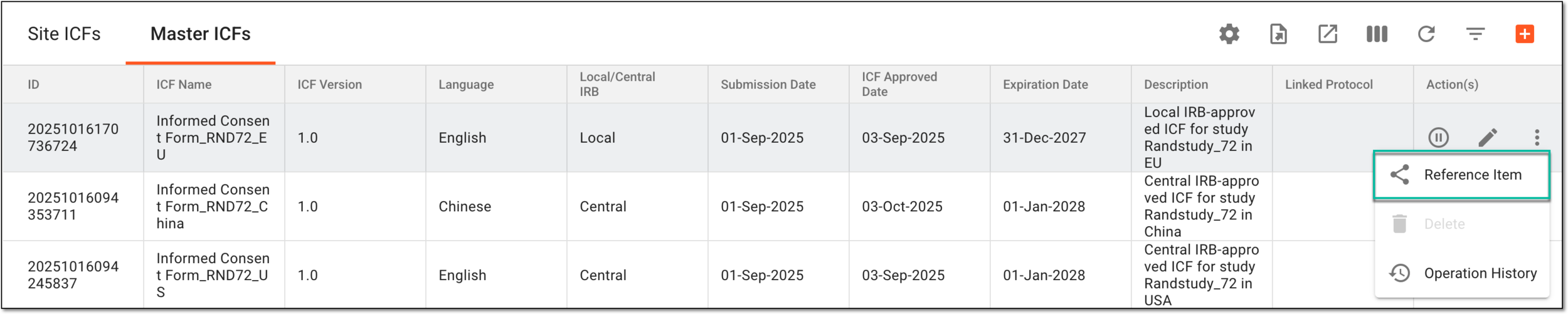 Selecting to view references for master ICF listing record