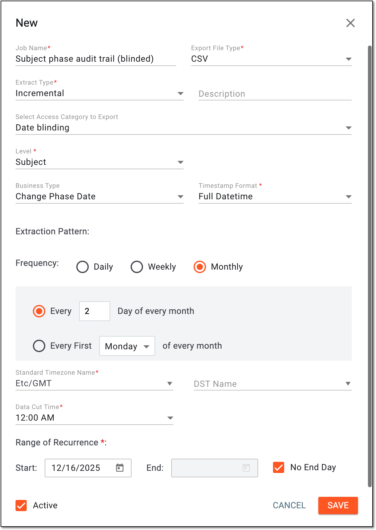 Configuring audit trail data extraction job