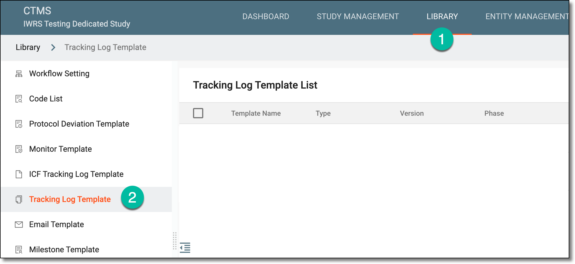 Accessing tracking log template subtab