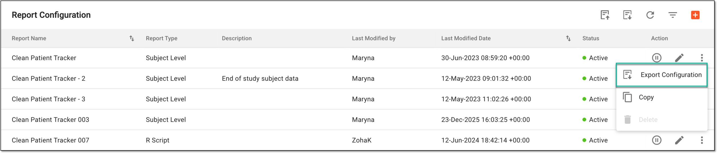 Selecting option to export report configuration