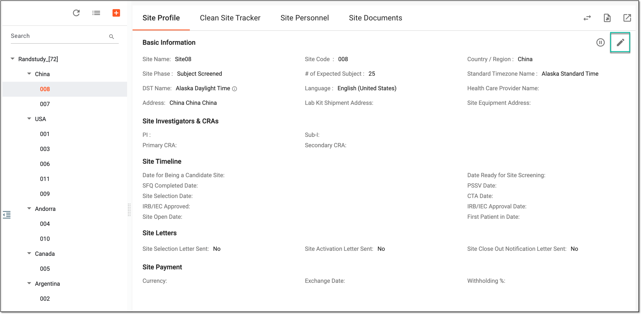 Selecting option to edit site profile