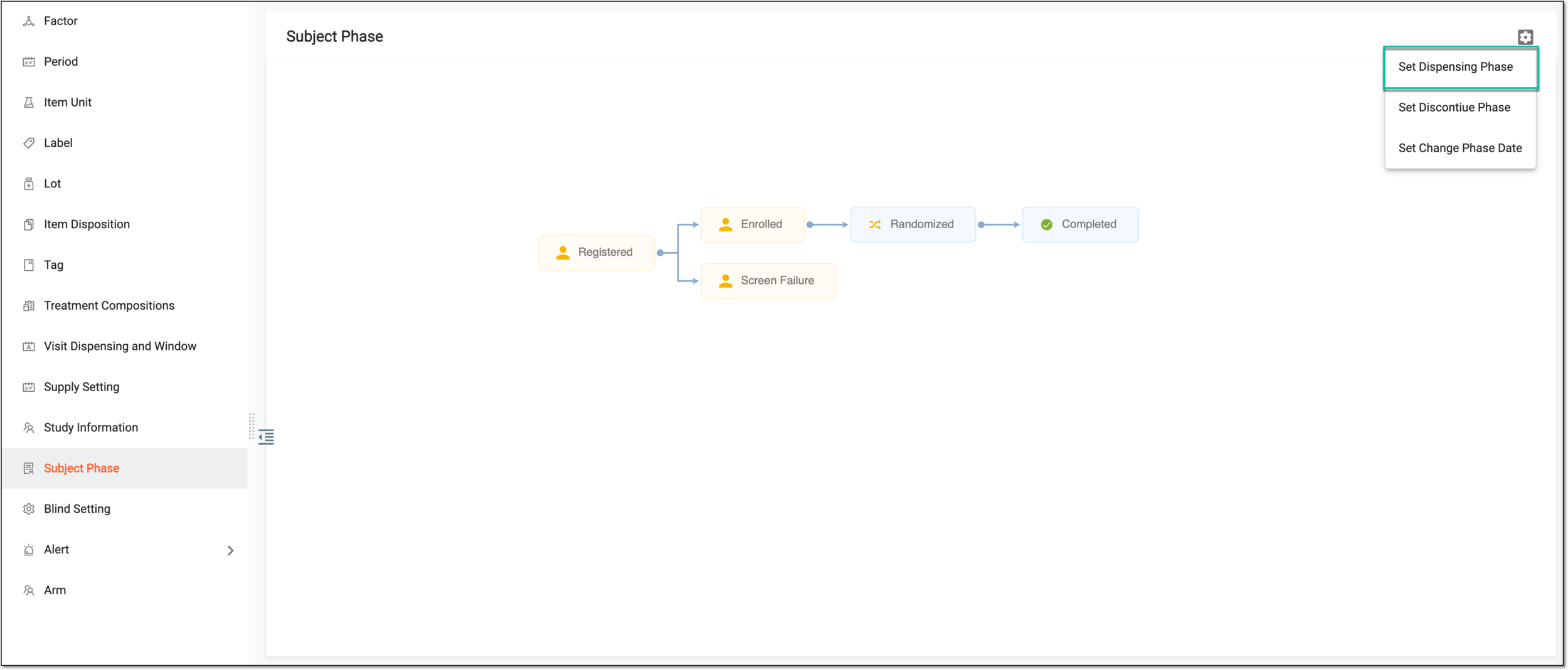 Selecting option to set dispensing phase