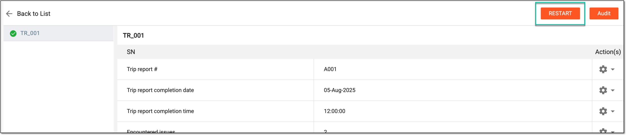 Restarting trip report auditing workflow