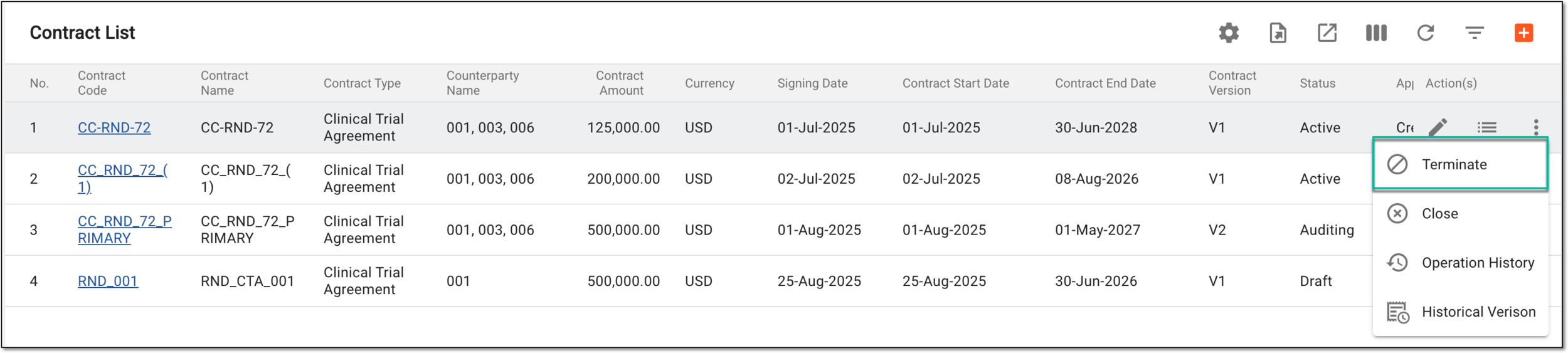 Selecting option to terminate contract