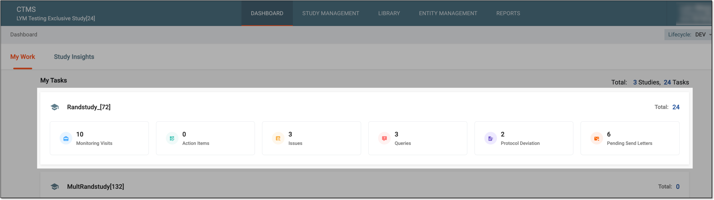 Accessing study management from dashboard