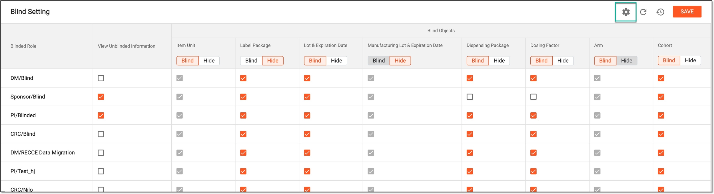 Accessing blind setting operation history