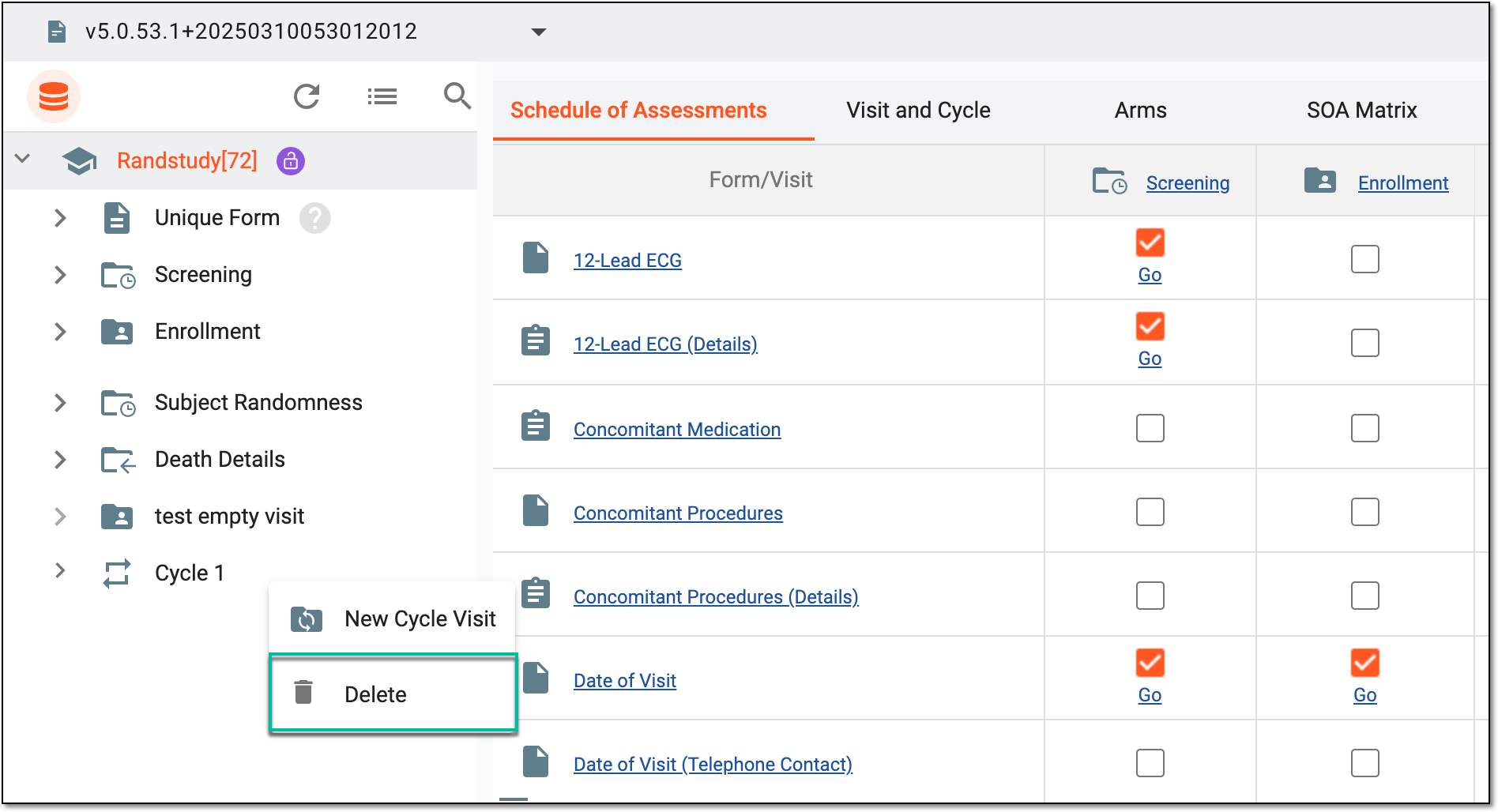 Selecting to delete cycle group