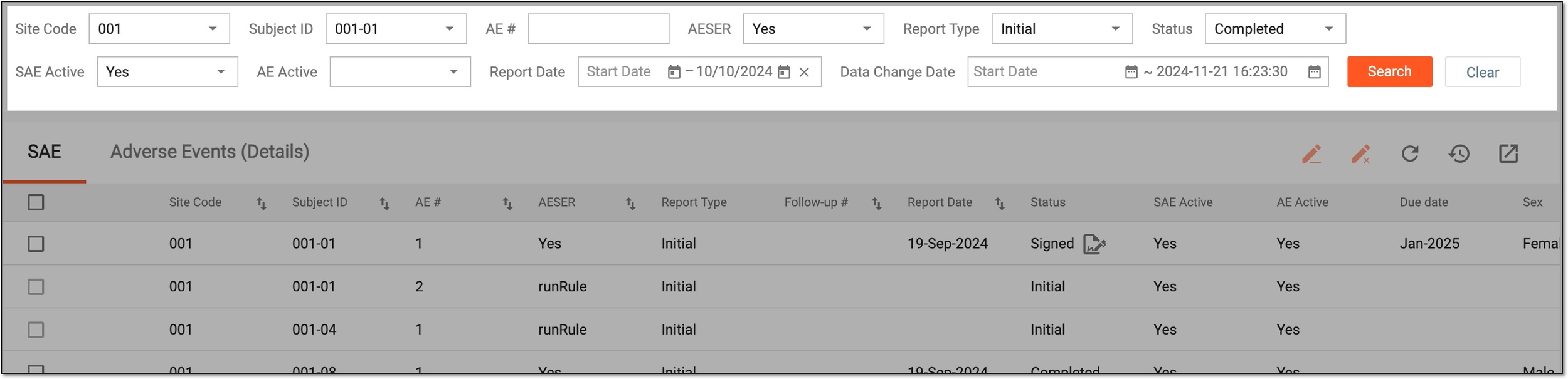 Selecting SAE report search parameters
